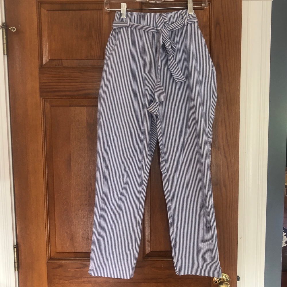 Zara pin striped blue and white tie linen pants